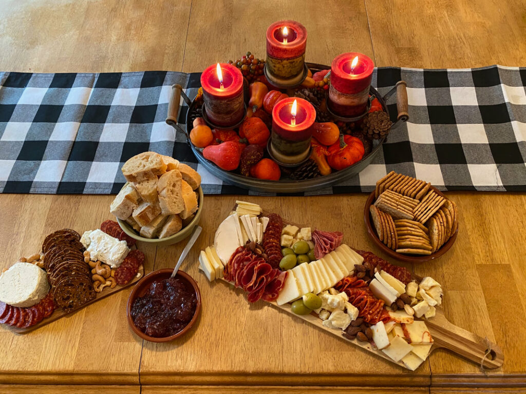 charcuterie board and candles
