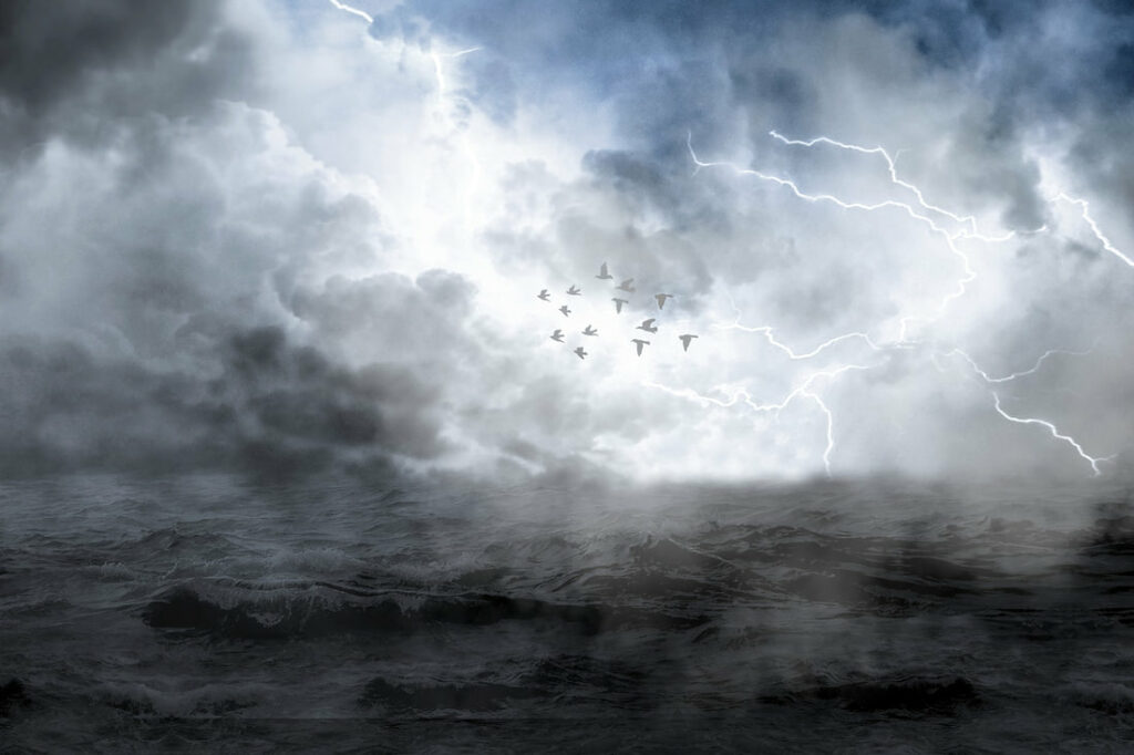 Photo of sky with clouds, lightning, and sun; birds flying; ocean waves